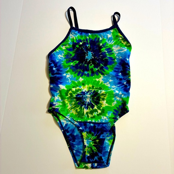 Speedo Endurance+ Flyback 1-Piece Women’s Swimsuit Blue Green Tie Dye 8/34 - Picture 1 of 7